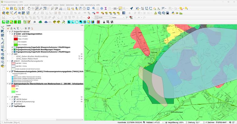 QGIS mit Dienstleistungszentrum des Bundes für Geoinformation und Geodäsie: TopPlusOpen (WMS, Farbe) Und Niedersächsisches Ministerium für Umwelt, Energie und Klimaschutz: verschiedene WMS Dienste (siehe Legende)