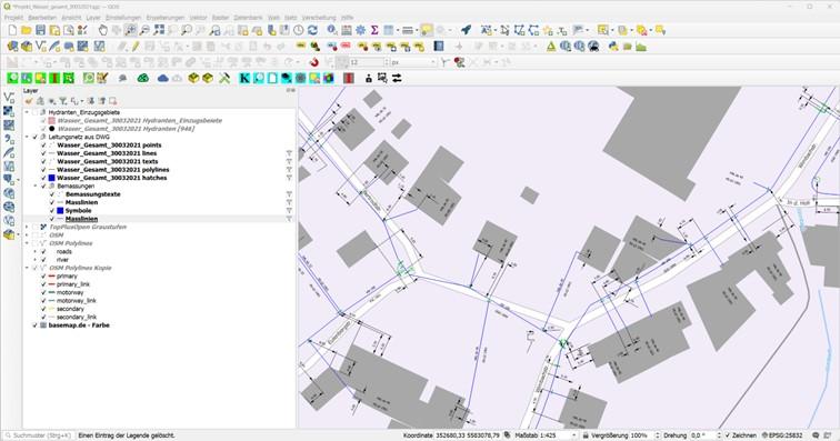 QGIS mit geodatenzentrum.de: Basemap und Wassernetz aus DWG Import